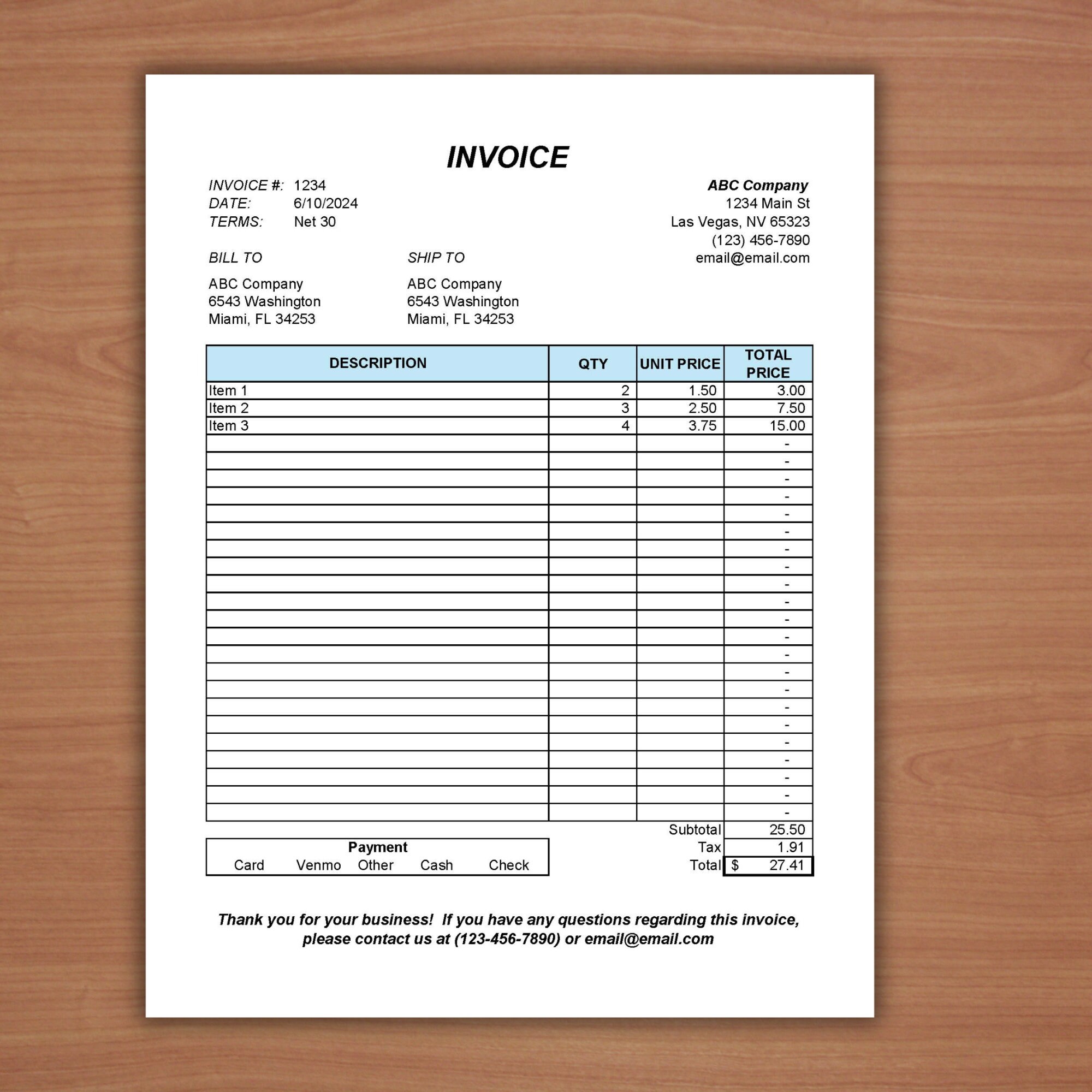 Editable Invoice Template Custom Order Invoice Form Excel Invoice ...