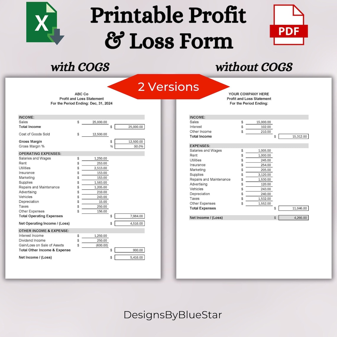 Printable Profit and Loss Form Profit and Loss Statement Template P&amp;L Spreadsheet for Financial ...