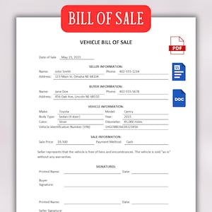 Motor Vehicle Bill of Sale | Printable Car Bill of Sale | Editable Truck Bill of Sale Form | Auto Sales Contract | Motor Bill of Sale