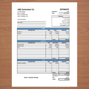 Puede incluir: Un formulario de presupuesto en blanco y negro con el t&iacute;tulo "ABC Contractor Co" y el texto "Estimate # 1234" y "Date 2/27/2023". El formulario enumera los costes de mano de obra, materiales y otros para un proyecto. El coste total es de 1.376,90 &euro;.