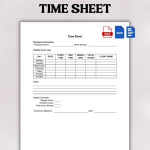 Printable Employee Time Sheet | Editable Weekly Timesheet | Employee Hours Tracker | Work Hours Log | Business Time Log | Employee Timesheet