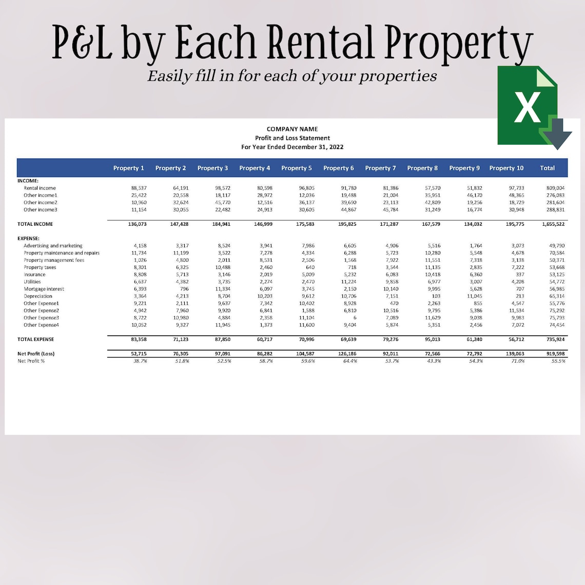 Printable Rental Bookkeeping Rental Property Spreadsheet Bookkeeping Rental Property Management ...