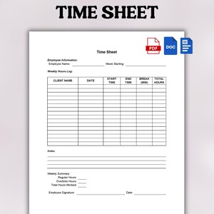Printable Employee Time Sheet | Editable Weekly Timesheet | Employee Hours Tracker | Work Hours Log | Business Time Log | Employee Timesheet