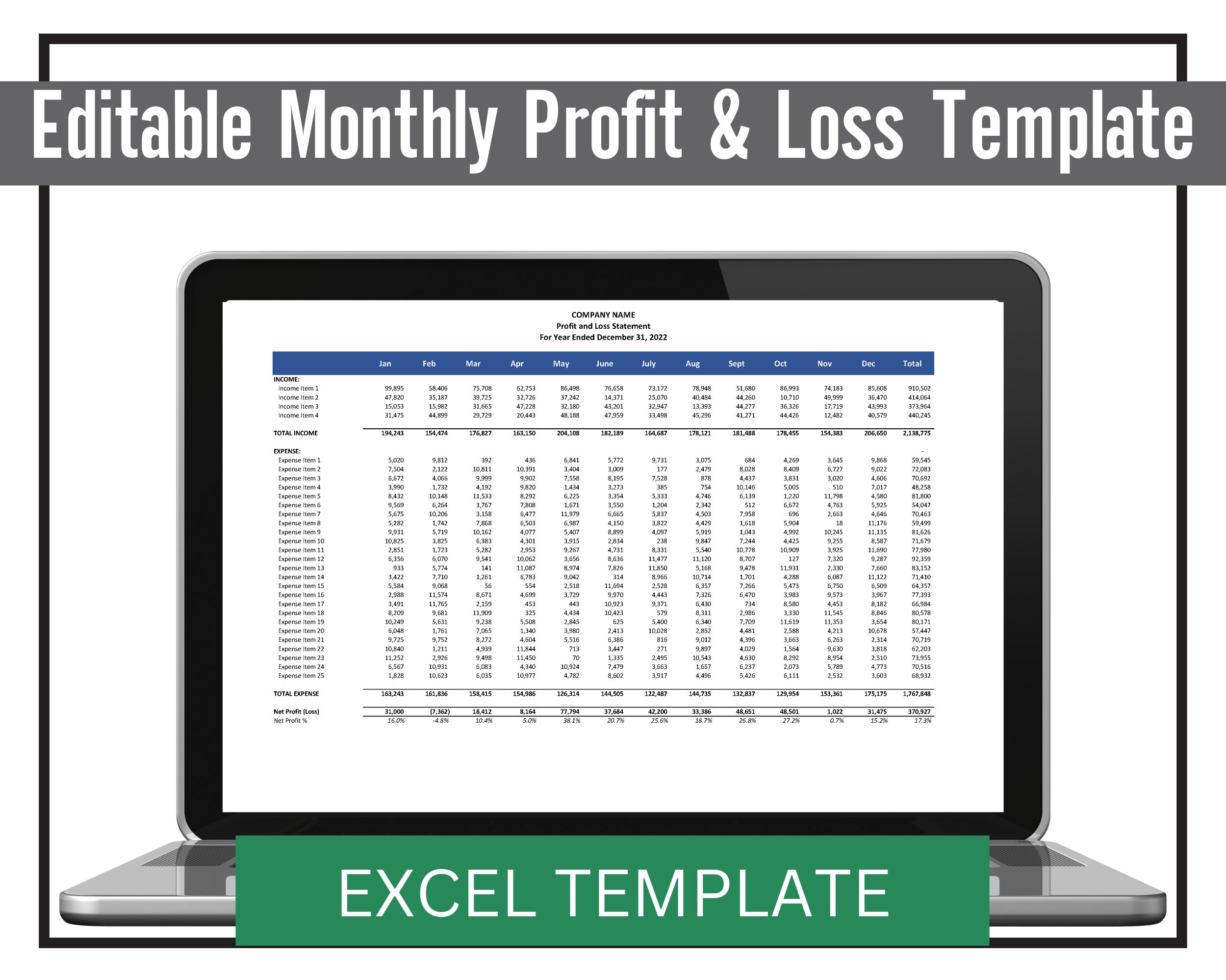 Monthly Profit And Loss Statement Template Excel Template Profit And 