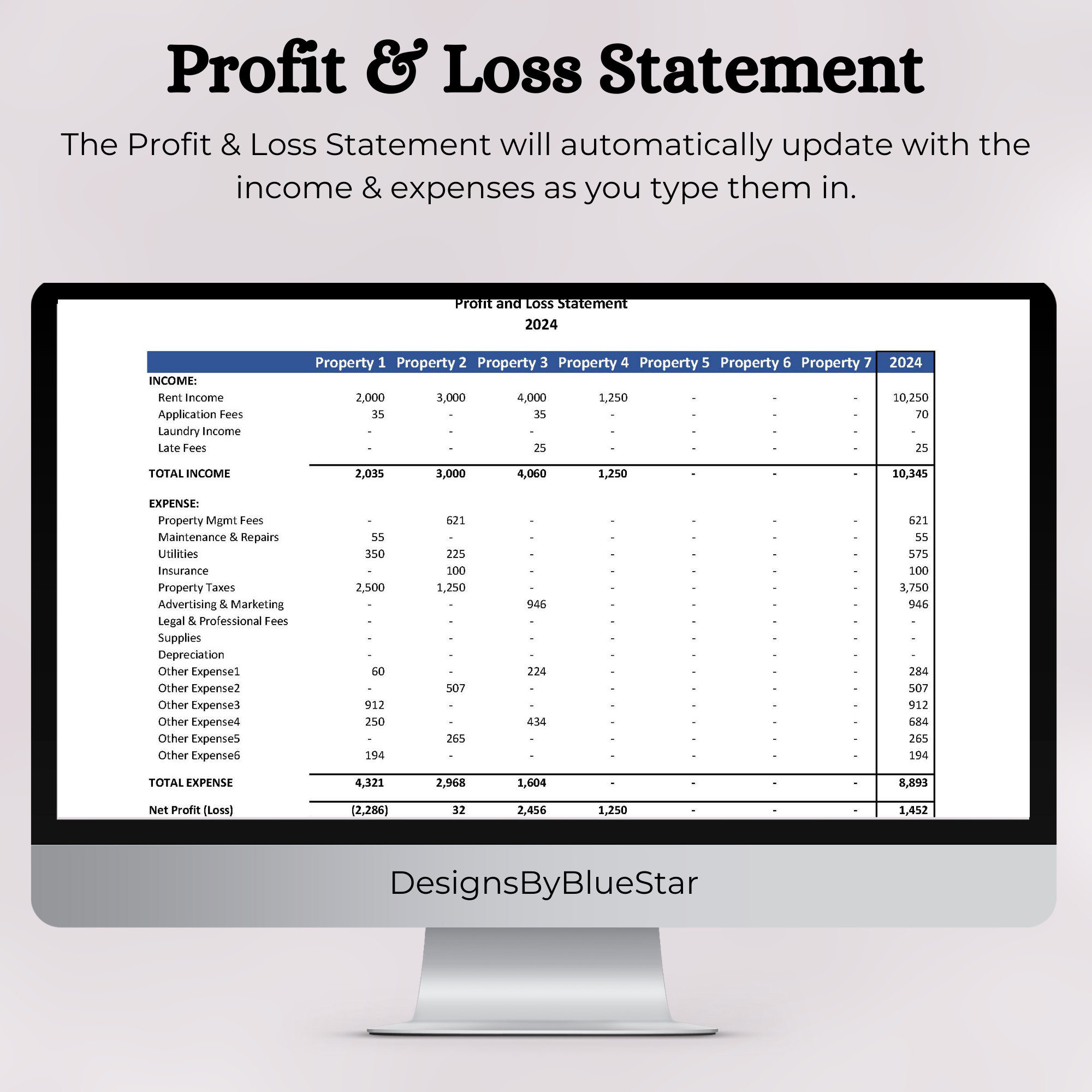 Rental Property Profit and Loss Statement Template | Excel Profit and ...