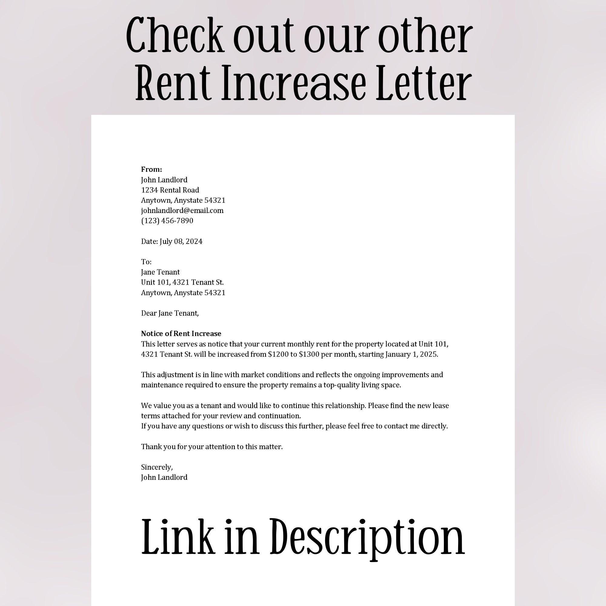 Rent Increase Letter Template | Rent Increase Notice | Tentant Rental ...