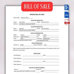 Motor Vehicle Bill of Sale | Printable Car Bill of Sale | Editable Truck Bill of Sale Form | Auto Sales Contract | Motor Bill of Sale