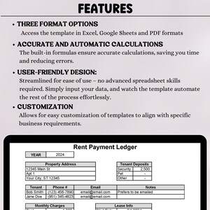 May include: A rent payment ledger template with a table for tracking tenant deposits, monthly charges, and lease information. The template includes fields for year, property address, tenant name, phone number, email, and notes.