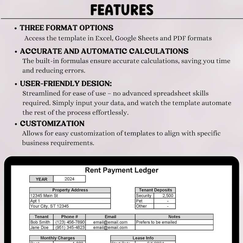 May include: A rent payment ledger template with a table for tracking tenant deposits, monthly charges, and lease information. The template includes fields for year, property address, tenant name, phone number, email, and notes.