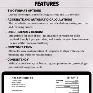 Puede incluir: Un documento que describe las caracter&iacute;sticas de una plantilla de presupuesto de contratista. La plantilla est&aacute; disponible tanto en Google Sheets como en formato PDF. Incluye caracter&iacute;sticas como c&aacute;lculos precisos y autom&aacute;ticos, dise&ntilde;o f&aacute;cil de usar, personalizaci&oacute;n y coherencia. El documento tambi&eacute;n incluye un ejemplo de formulario de presupuesto con el nombre de la empresa "ABC Contractor Co" y el texto "ESTIMATE".