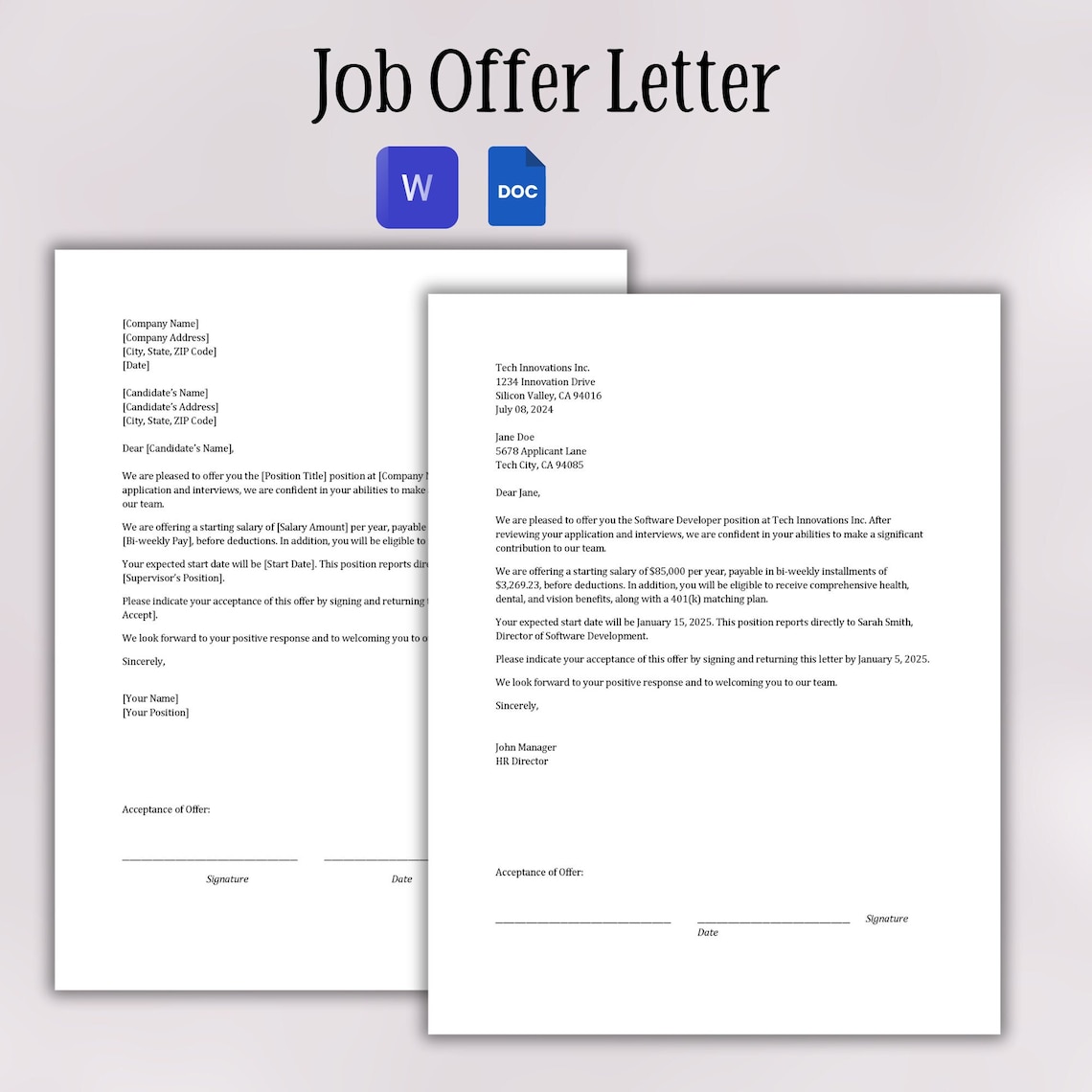 Job Offer Letter Template | Employment Offer Letter | New Hire Form ...