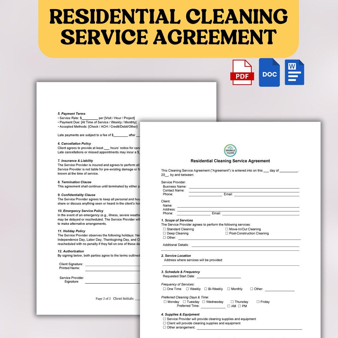 Residential Cleaning Service Agreement | Cleaning Contract | Cleaning ...