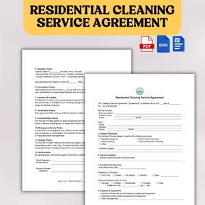 Residential Cleaning Service Agreement | Cleaning Contract Template | Cleaning Agreement | House Cleaning Business Form | Housekeeping Forms