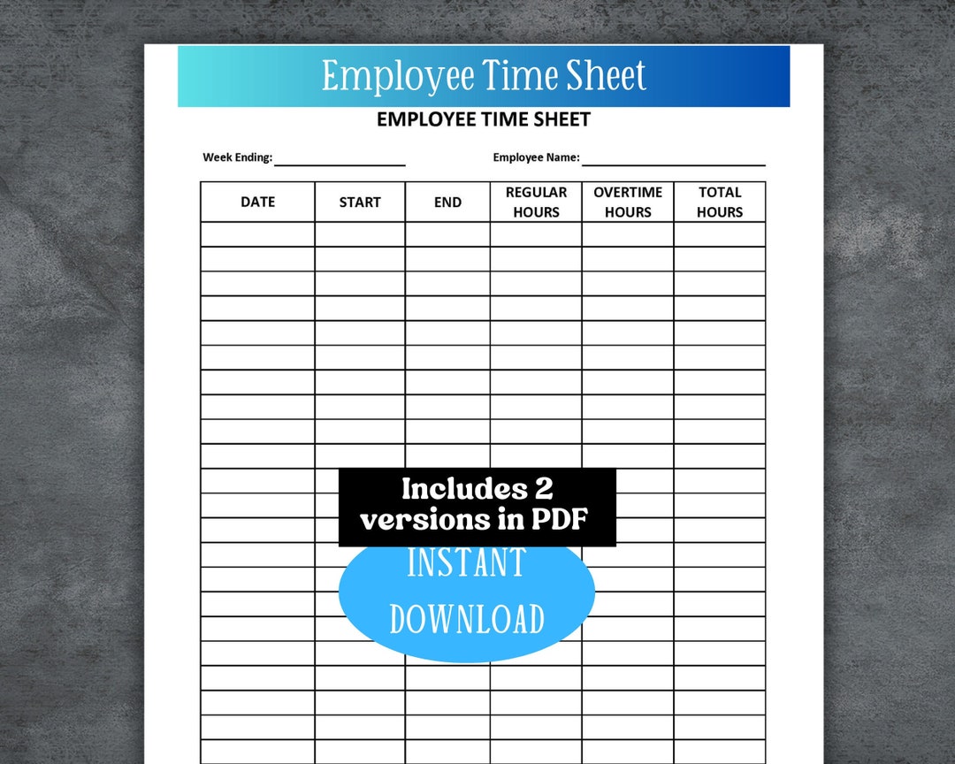 Printable Employee Time Sheet: Weekly Timesheet Tracker (PDF Download ...