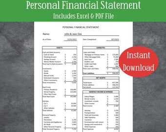 Editable Personal Financial Statement Excel Template | Printable Personal Financial Overview | Personal Financial Snapshot for Personal Use