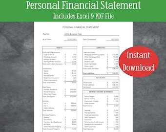 Editable Personal Financial Statement Excel Template | Printable Personal Financial Overview | Personal Financial Snapshot for Personal Use