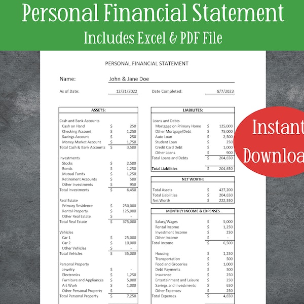 Editable Personal Financial Statement Excel Template | Printable Personal Financial Overview | Personal Financial Snapshot for Personal Use