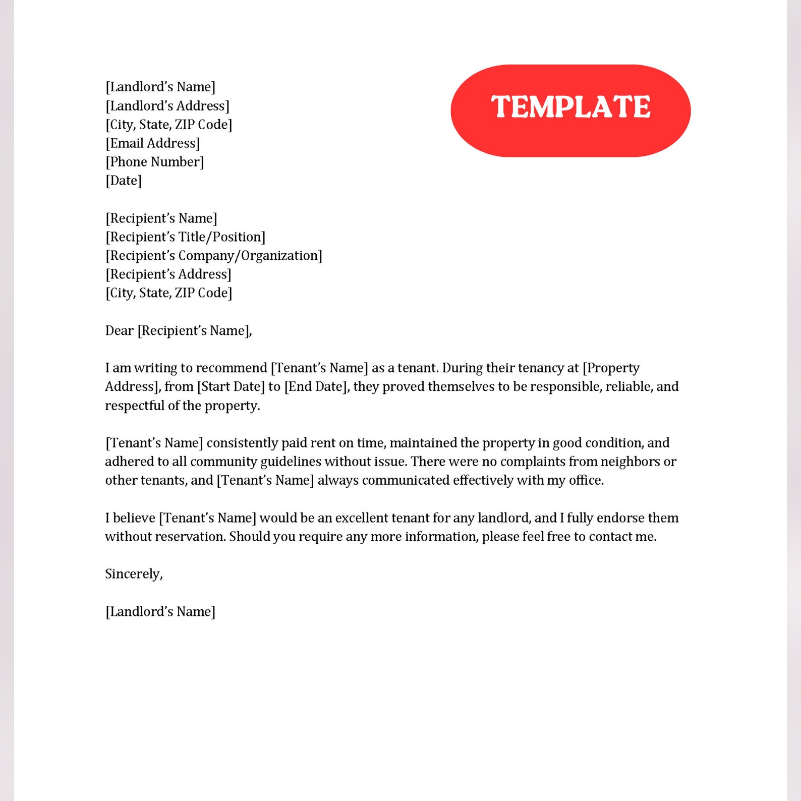 Landlord Reference Example Landlord Reference Letter | Landlord Letter or Recommendation Template ...