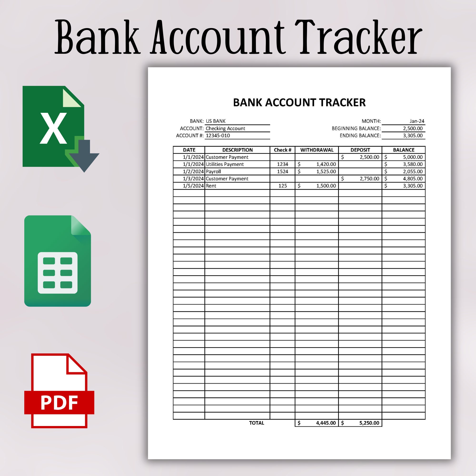 Bank Account Tracker Printable Form Bank Deposit Log Cash Log Book Cash