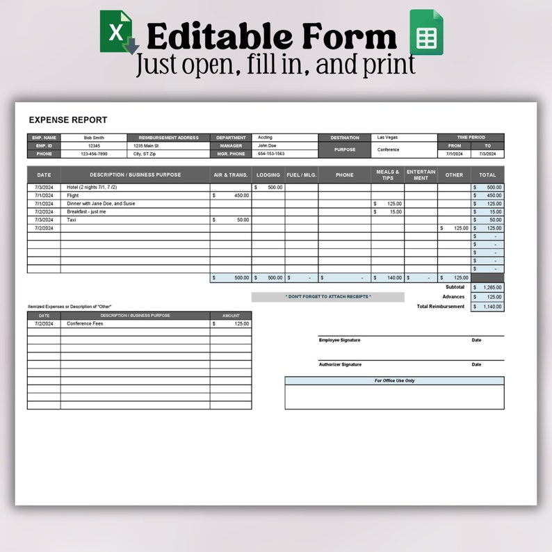 Printable Expense Report Form | Editable Employee Reimbursement ...
