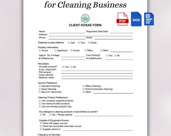 Professional Residential Cleaning Service Client Intake Form | Editable Client Form | House Cleaning Template | Cleaning Service Business