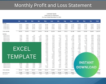 May include: A monthly profit and loss statement spreadsheet template in Excel format. The spreadsheet shows income and expenses for each month of the year, as well as the total for the year. The spreadsheet also includes a section for net profit or loss, and a section for net profit percentage.