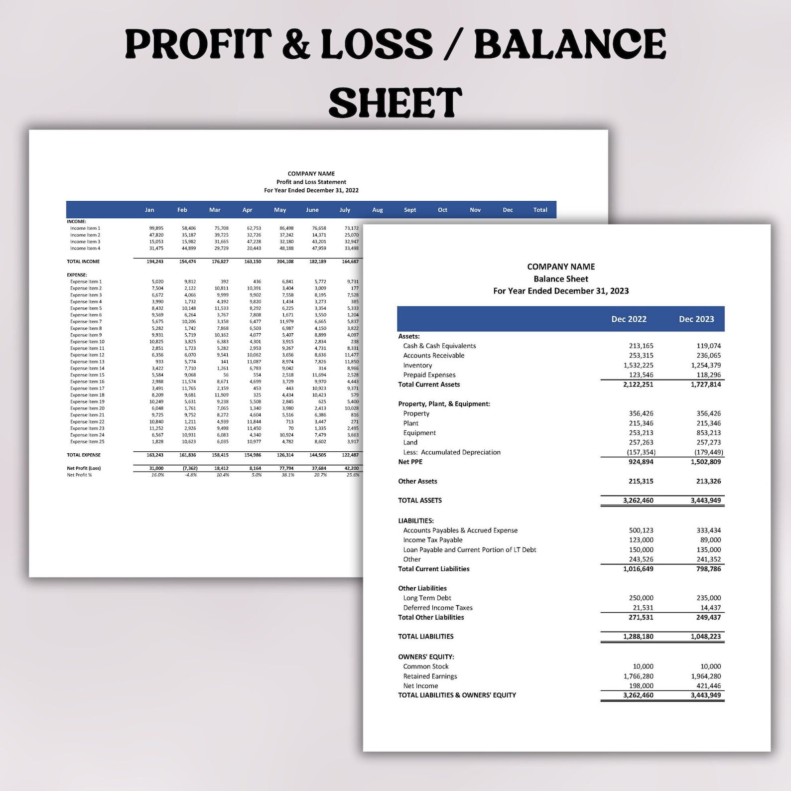 BUNDLE Editable Balance Sheet and Profit & Loss Statement | Financial ...