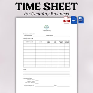 Könnte beinhalten: Ein weißes Arbeitszeitblatt für ein Reinigungsunternehmen mit dem Titel "TIME SHEET" in fetten schwarzen Buchstaben. Das Blatt enthält Abschnitte für Mitarbeiterinformationen, wöchentliches Stundenprotokoll und Wochenzusammenfassung.