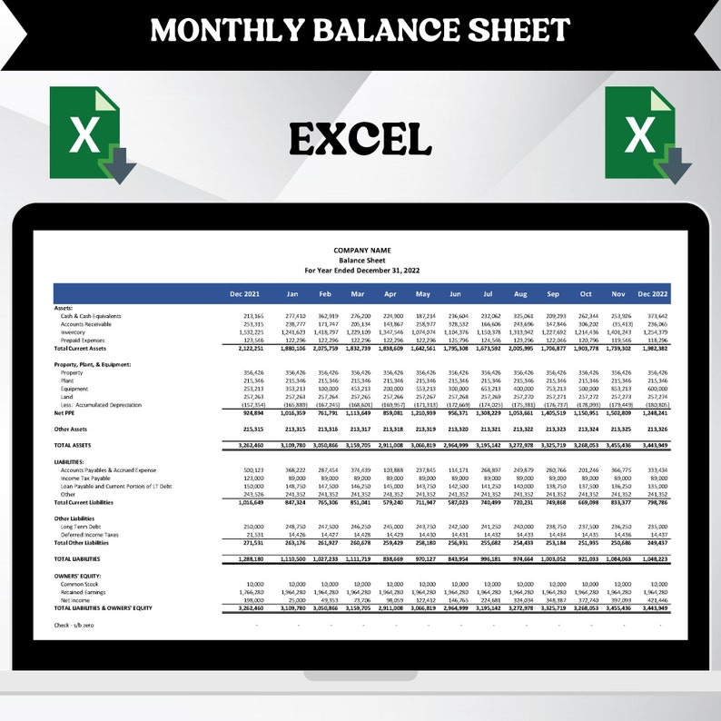 Monthly Balance Sheet Balance Sheet Template Balance Sheet in Excel Small Business Balance Sheet Statement of Financial Position image 1