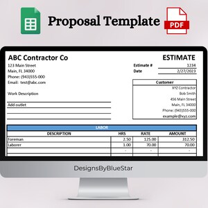 Puede incluir: Una plantilla de propuesta para un contratista, con un esquema de color azul y blanco. La plantilla incluye secciones para la descripci&oacute;n del trabajo, la mano de obra, las horas, la tarifa y el monto. El documento se titula "Plantilla de propuesta" e incluye el texto "ABC Contractor Co" y "Estimaci&oacute;n # 1234, Fecha 2/27/2023".