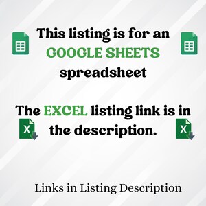 Puede incluir: Un gr&aacute;fico con iconos verdes que representan las hojas de c&aacute;lculo de Google Sheets y Excel. El texto dice "Esta lista es para una hoja de c&aacute;lculo de GOOGLE SHEETS. El enlace de la lista de EXCEL est&aacute; en la descripci&oacute;n. Enlaces en la descripci&oacute;n de la lista."