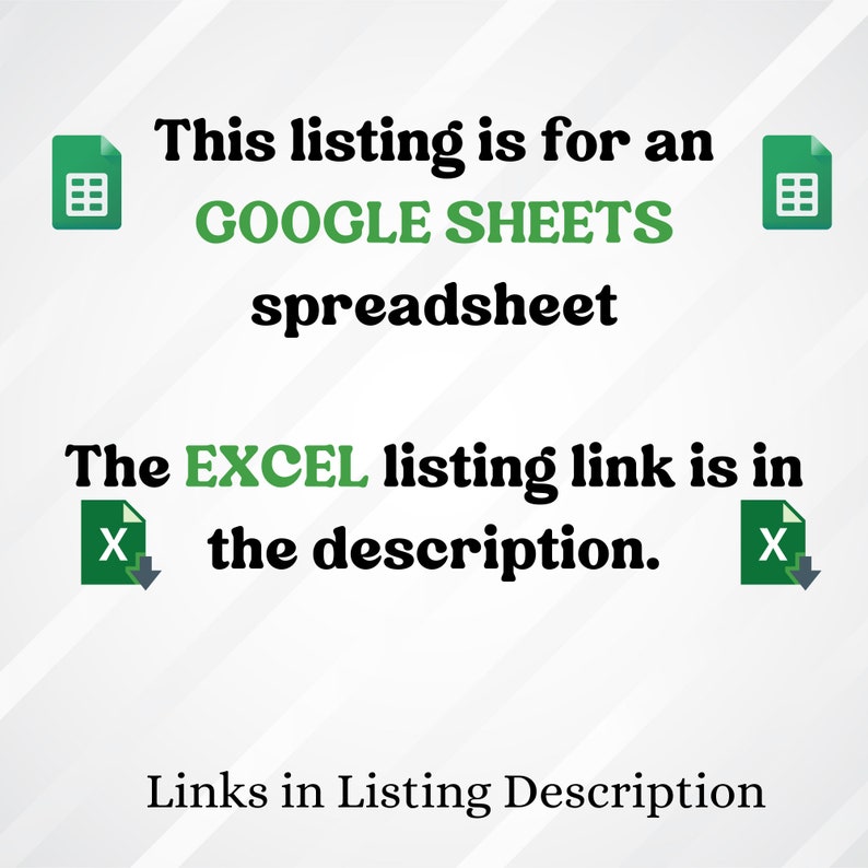 Puede incluir: Un gr&aacute;fico con iconos verdes que representan las hojas de c&aacute;lculo de Google Sheets y Excel. El texto dice "Esta lista es para una hoja de c&aacute;lculo de GOOGLE SHEETS. El enlace de la lista de EXCEL est&aacute; en la descripci&oacute;n. Enlaces en la descripci&oacute;n de la lista."