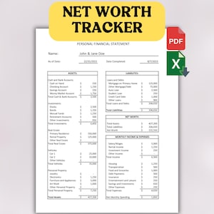 Bearbeitbare Net Worth Tracker Tabelle | Vorlage für den Haushaltsplaner | Jährlicher Reinwert-Rechner | Persönliche Buchhaltung | Verdienst Planer