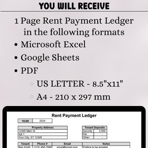 May include: A black and white image of a rent payment ledger template. The template includes columns for year, property address, tenant deposits, tenant, phone number, email, and notes. The template is designed for use in Microsoft Excel, Google Sheets, and PDF formats. The template is available in US Letter (8.5" x 11") and A4 (210 x 297 mm) sizes.