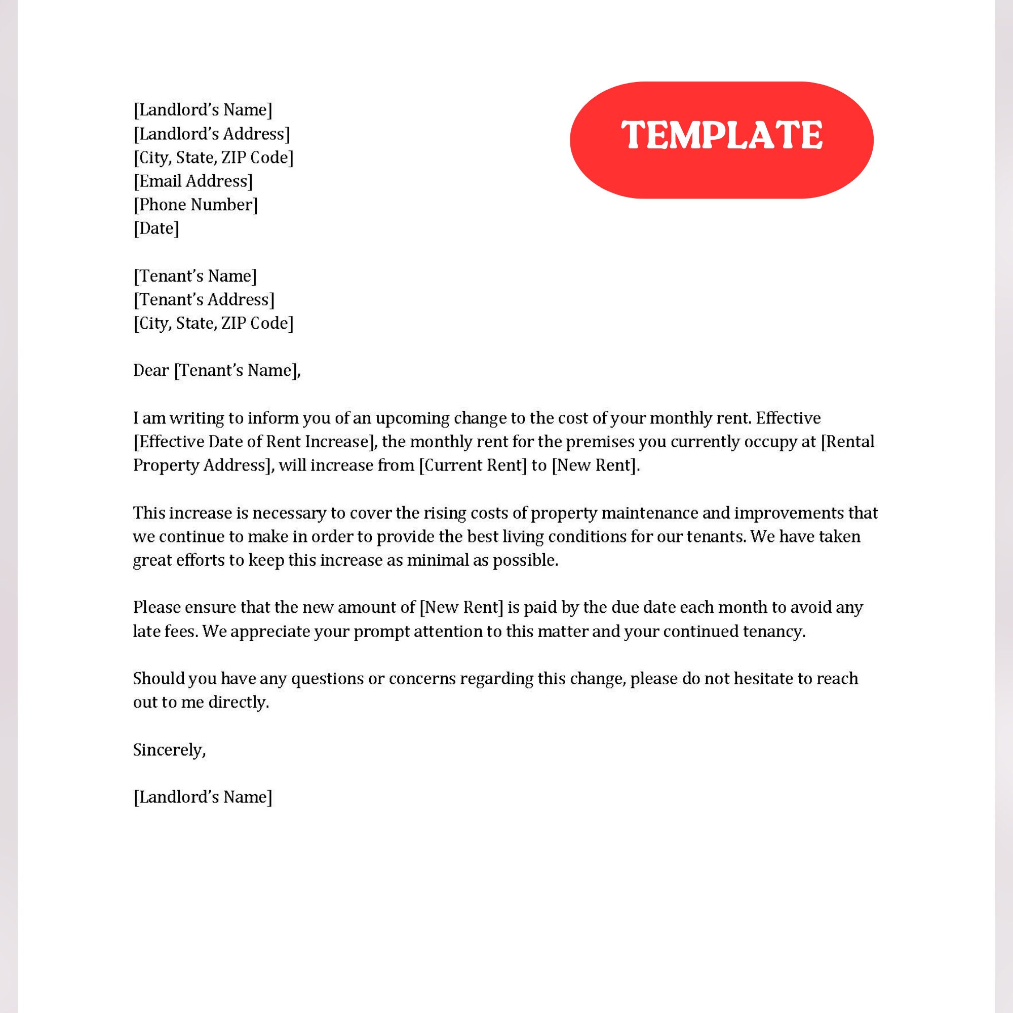 Rent Increase Letter Template | Rent Increase Notice | Tentant Rental ...