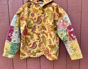 Felpa con cappuccio oversize realizzata a mano, unica nel suo genere, riciclata, taglia M