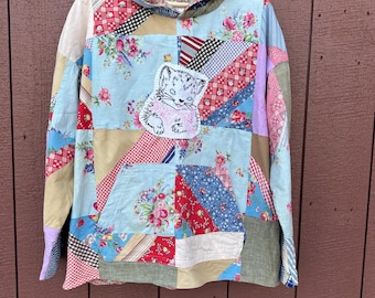 Felpa con cappuccio oversize riciclata, fatta a mano, unica nel suo genere, taglia grande