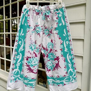 One of a Kind Turquoise Flower Pants, Mid-Calf Length , Upcycled from a  Vintage Tablecloth, Vintage Style, Size L