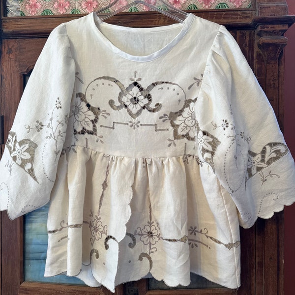 Handmade Woman's Top “Cut Flowers” upcycled  vintage materials, Size M/L