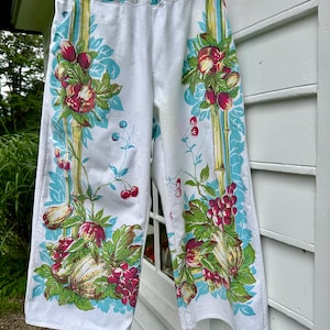 One of a Kind Turquoise Fruit Pants, Mid-Calf Length , Upcycled from a  Vintage Tablecloth, Vintage Style, Size M
