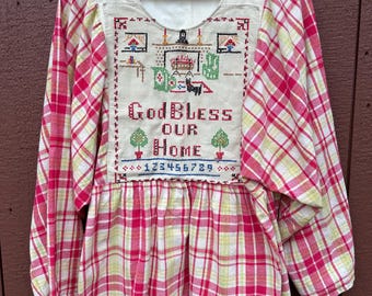 Tovaglia vintage ricamata con scritta "Dio benedica la nostra casa", taglia M/L