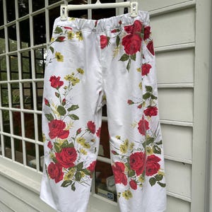 One of a Kind Red Rose pants, Mid-Calf length , Upcycled from a  Vintage Tablecloth, Vintage Style, Size L