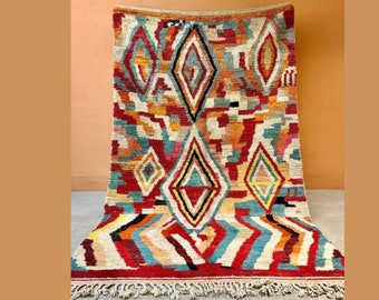 KÜNSTLERISCHER WOLLteppich - Beni Ourain Teppich - Bunter Marokkanischer Teppich - Berber Wollteppich - Einzigartiger Geometrischer Teppich Handgewebter Boho Teppich