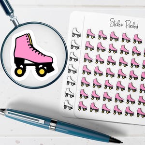 May include: A pink roller skate sticker is magnified by a magnifying glass. A sheet of stickers with pink roller skates and white roller skates is next to the magnifying glass. The sheet of stickers has the text "Sticker Packed". A blue pen is in the foreground.