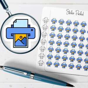 May include: A blue and yellow printer sticker is magnified by a magnifying glass. A sheet of stickers with a printer and image design is to the right. A blue pen is in the foreground. The sheet of stickers has the text "Sticker Packed".