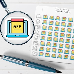 May include: A sheet of stickers with a laptop and the word "APP" on the screen. The stickers are in a grid pattern. A magnifying glass and a blue pen are in the image. The text "Sticker Packed" is on the sheet.