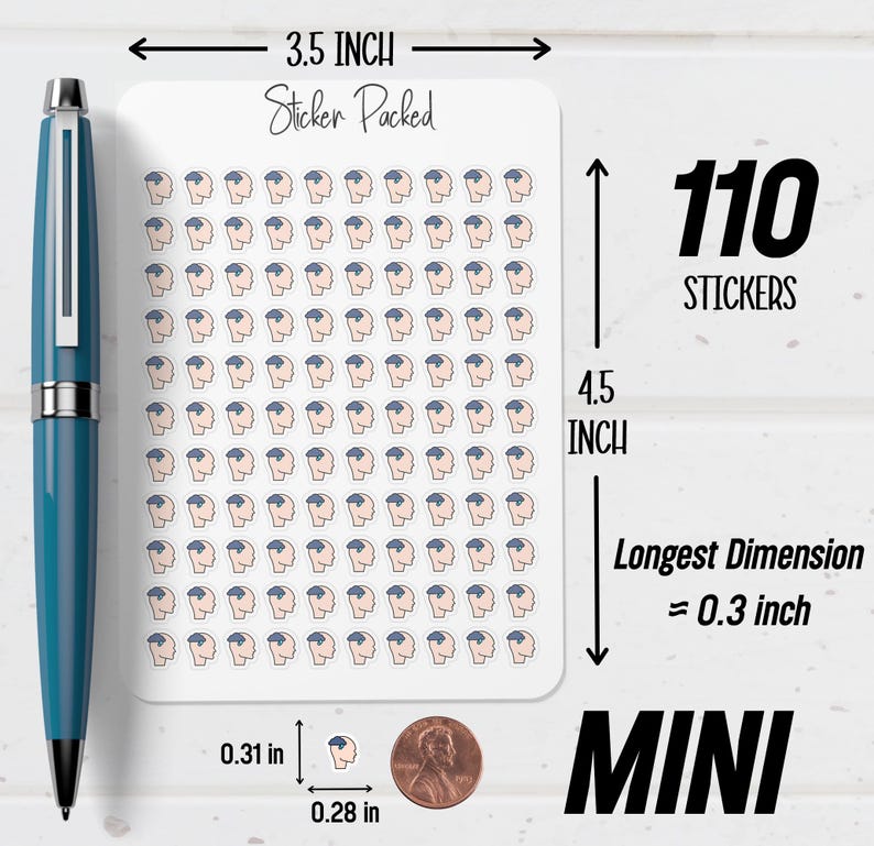 Peut inclure: Une planche de 110 mini autocollants, chacun repr&eacute;sentant un profil de t&ecirc;te avec un bonnet bleu. La planche mesure 8,89 cm de large et 11,43 cm de haut. La plus grande dimension de chaque autocollant est d'environ 0,76 cm.