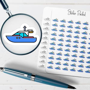 May include: A sheet of stickers featuring a blue and white yacht design. The stickers are arranged on a white background. A magnifying glass focuses on a single yacht sticker. A pen is in the foreground.