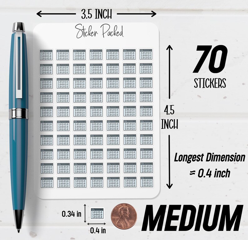 May include: A sheet of 70 medium-sized stickers, each with a small, gray rectangle containing the numbers 101010 and 100010. The sheet is 3.5 inches wide and 4.5 inches tall. The longest dimension of each sticker is approximately 0.4 inches.