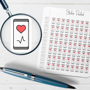 May include: A sheet of stickers featuring a smartphone design with a red heart and a heartbeat line. The stickers are white with a black border. The text "Sticker Packed" is written on the sheet. A magnifying glass and a blue pen are also in the image.